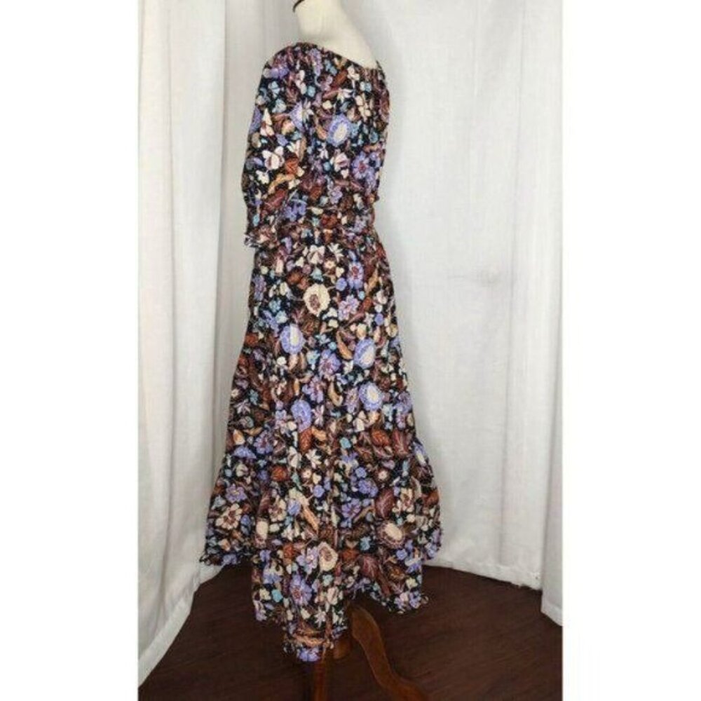 Ann Taylor Midi Dress 4 Floral Batik Puff Sleeve Tiered Flare - Picture 7 of 10